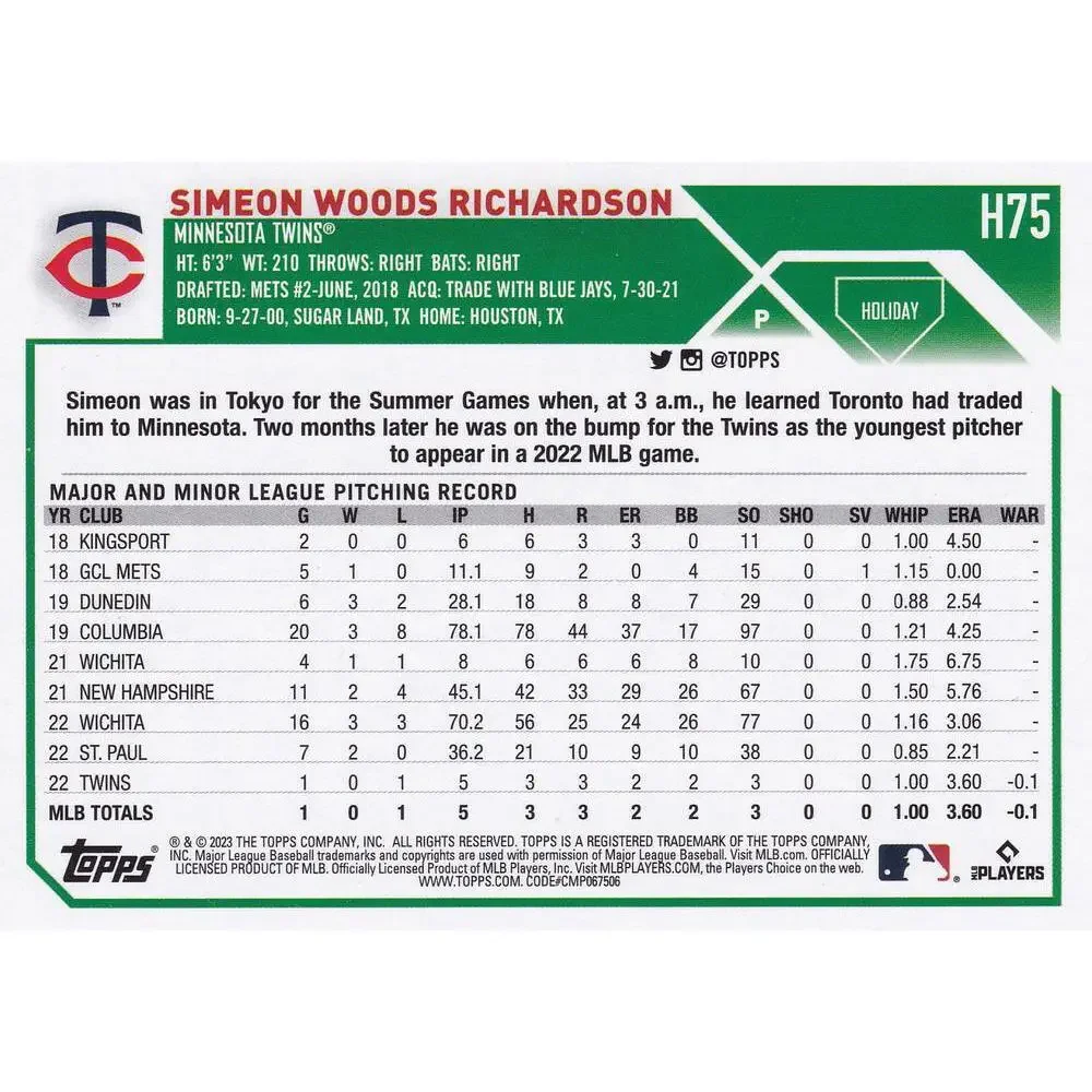 2023 Topps Holiday Simeon Woods Richardson RC H75 Minnesota Twins